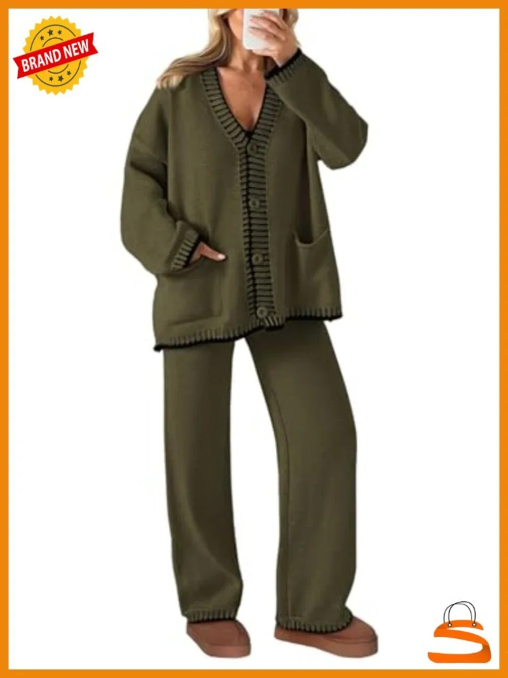 2 Piece Knit Lounge Set - Cardigan & Wide Leg Pants